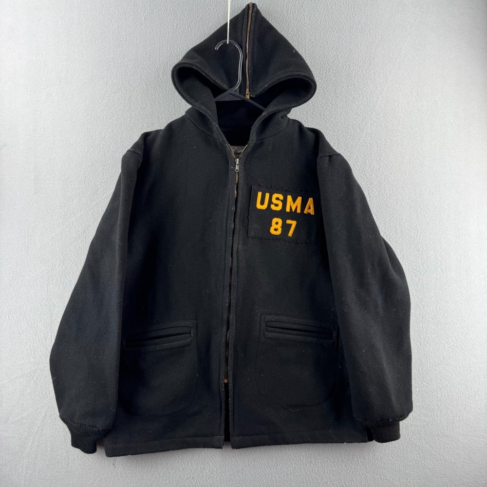 Vintage West Point Wool Jacket Mens Large‎ Black Wool Split Hood USMA Talon Zip